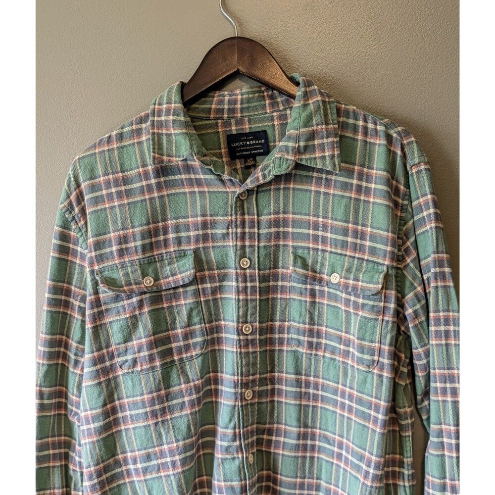 Lucky Brand Mens Large Green Yellow Plaid Flannel Shirt Saturday Stretch Button